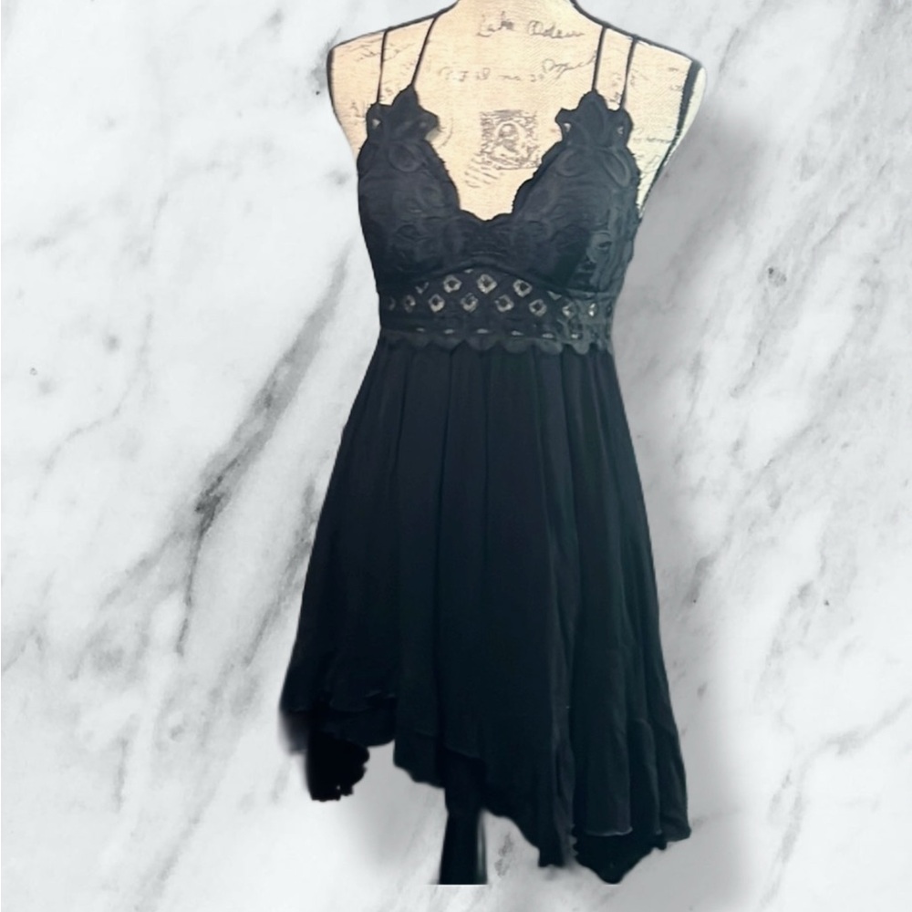 Black Lace Strappy Mini Dress with Asymmetrical Hem - Picture 3 of 16